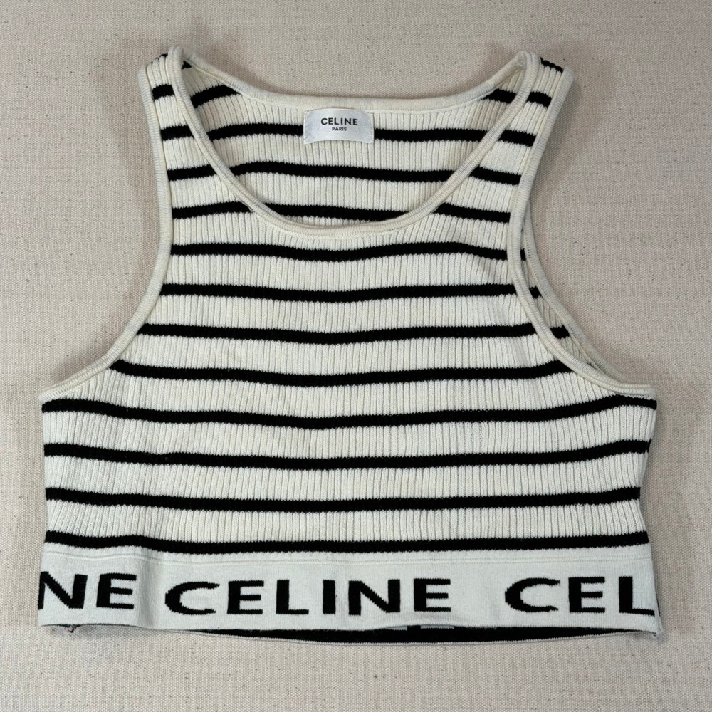 Celine Paris Striped Ribbed Knit Logo Hem Crop Top Tank 2Z062670Q Cotton Italy